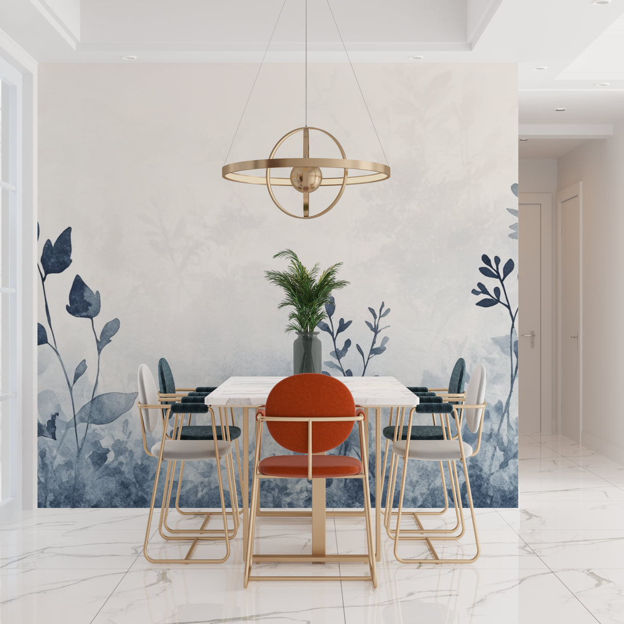 Navy blue botanical wallpaper transforming entrance hallway