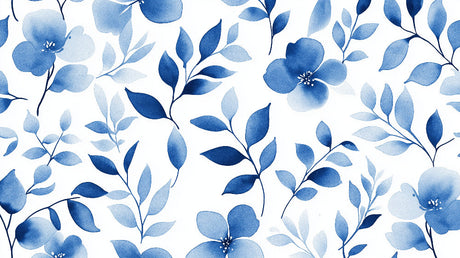 Watercolor blue leaves pattern design file showing intricate botanical details and flowing composition