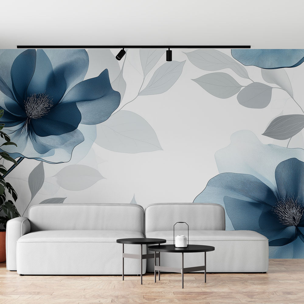 Blue Magnolia wallpaper mural in modern bedroom, showing large-scale watercolor flowers creating a peaceful atmosphere