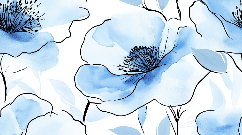 Blue Poppy Wallpaper Mural in bright modern living room showing scale and watercolor effect