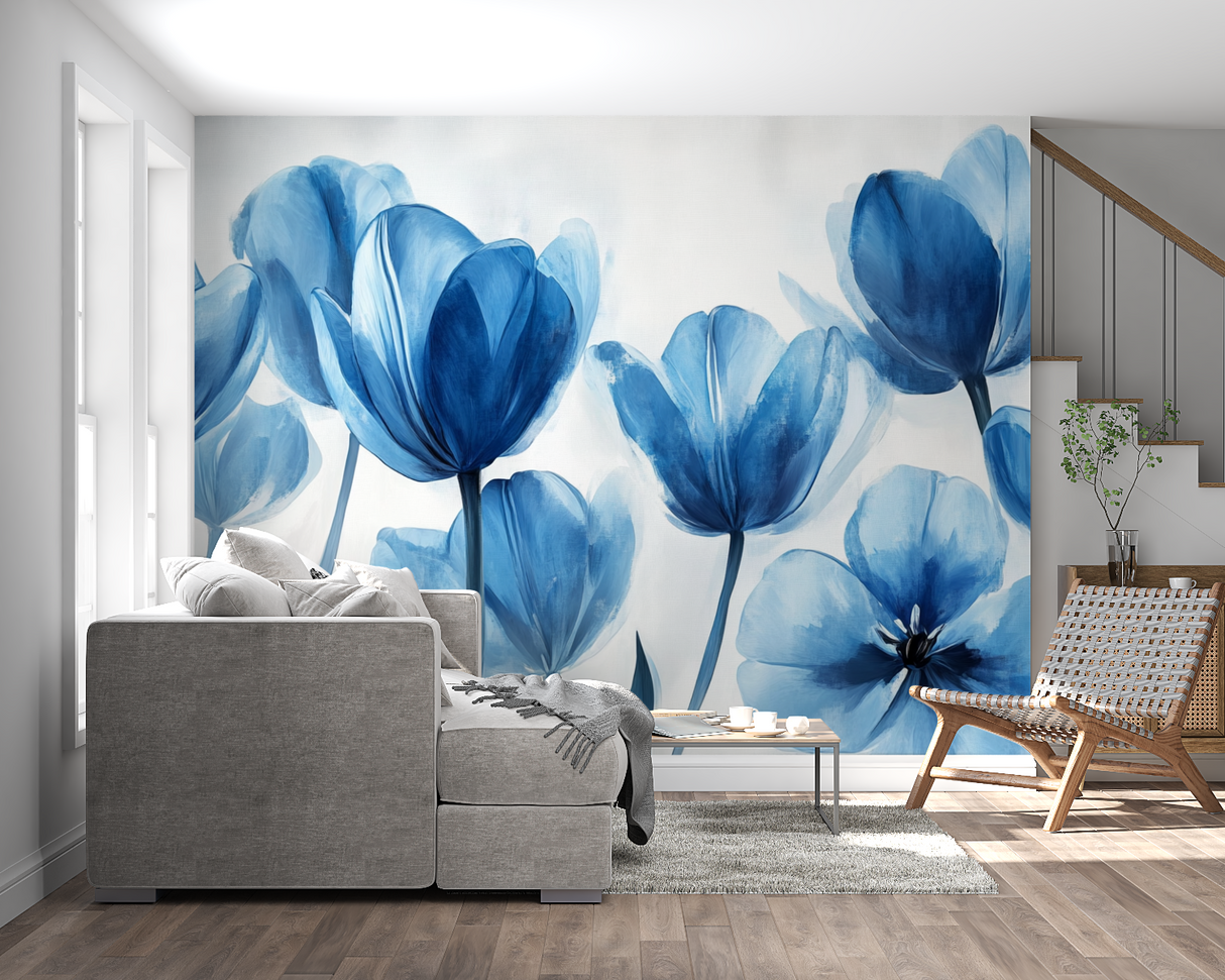 Watercolor tulip mural adding depth to dining room walls