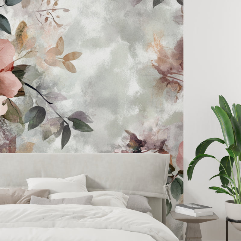 Pink and grey floral wallpaper mural in modern bedroom showing soft watercolor blooms