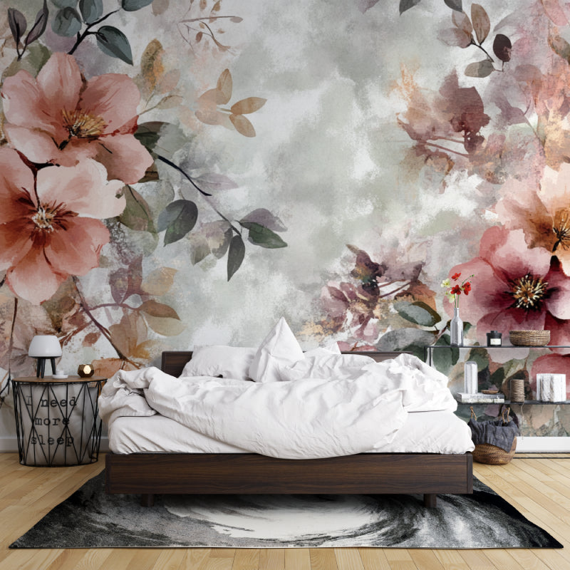 Watercolor flower wall mural creating peaceful atmosphere in living room