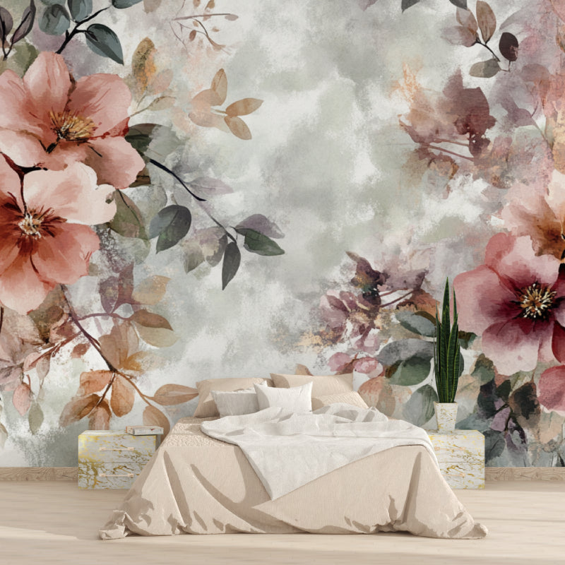 Pink watercolor floral mural adding soft charm to home office