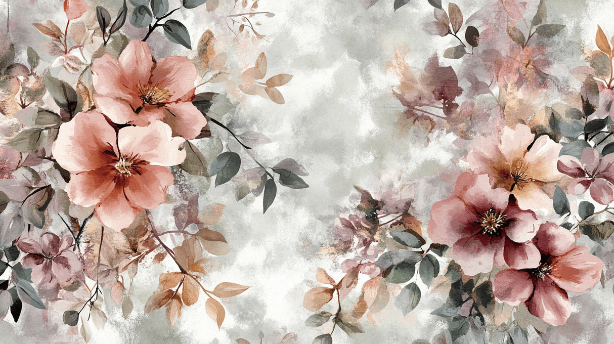 Watercolor floral wallpaper design file showing detailed pink and grey botanical pattern