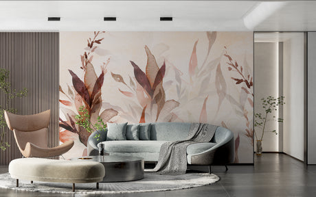 Botanical watercolor wallpaper creating a serene atmosphere in a modern living room with natural light