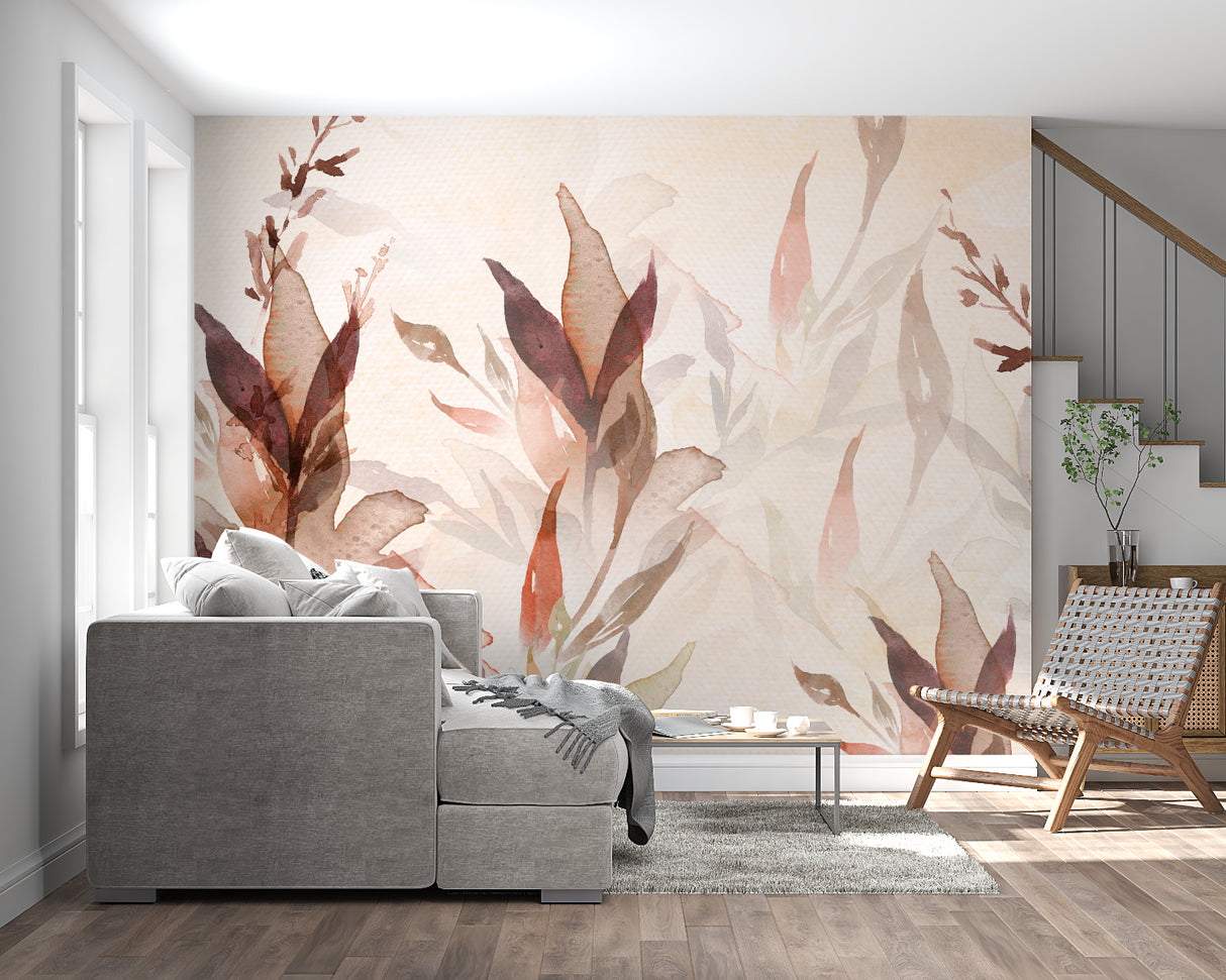 Terracotta floral mural brightening a cozy bedroom with warm morning light