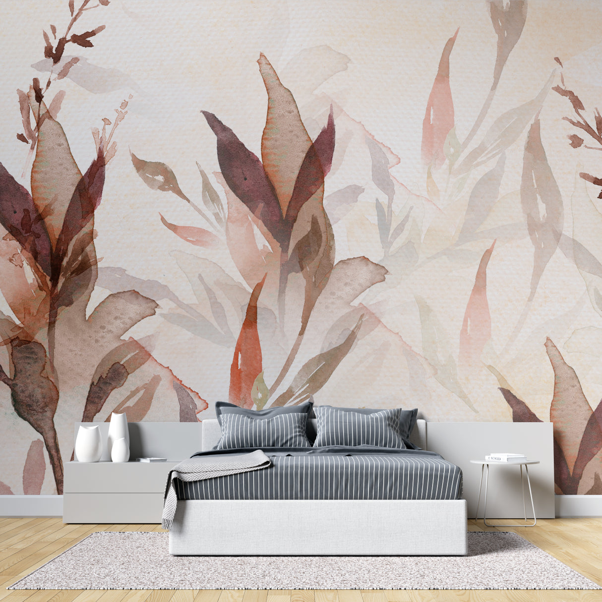 Watercolor botanical wallpaper adding elegance to a minimalist dining room