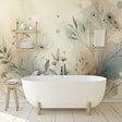 Watercolor floral wallpaper creating a peaceful atmosphere in a bright modern living room with natural light