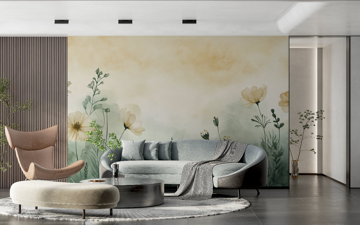 Botanical garden wallpaper creating a peaceful atmosphere in a bright living room with morning light