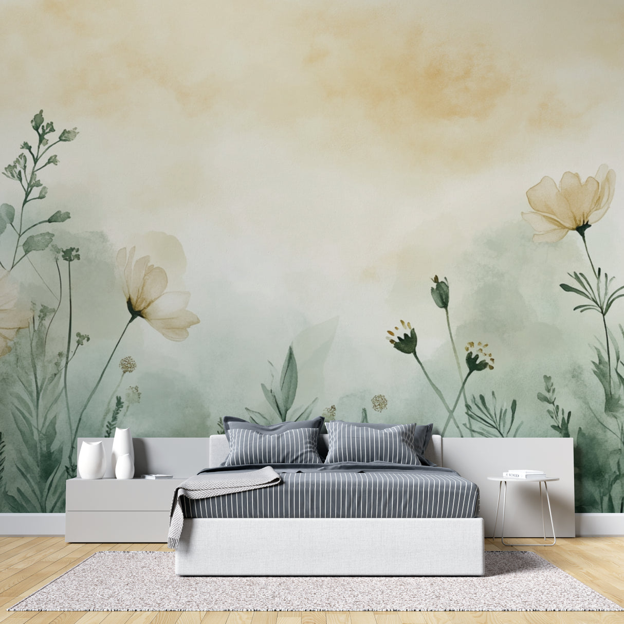 Watercolor floral mural adding subtle depth to a modern bedroom with natural lighting