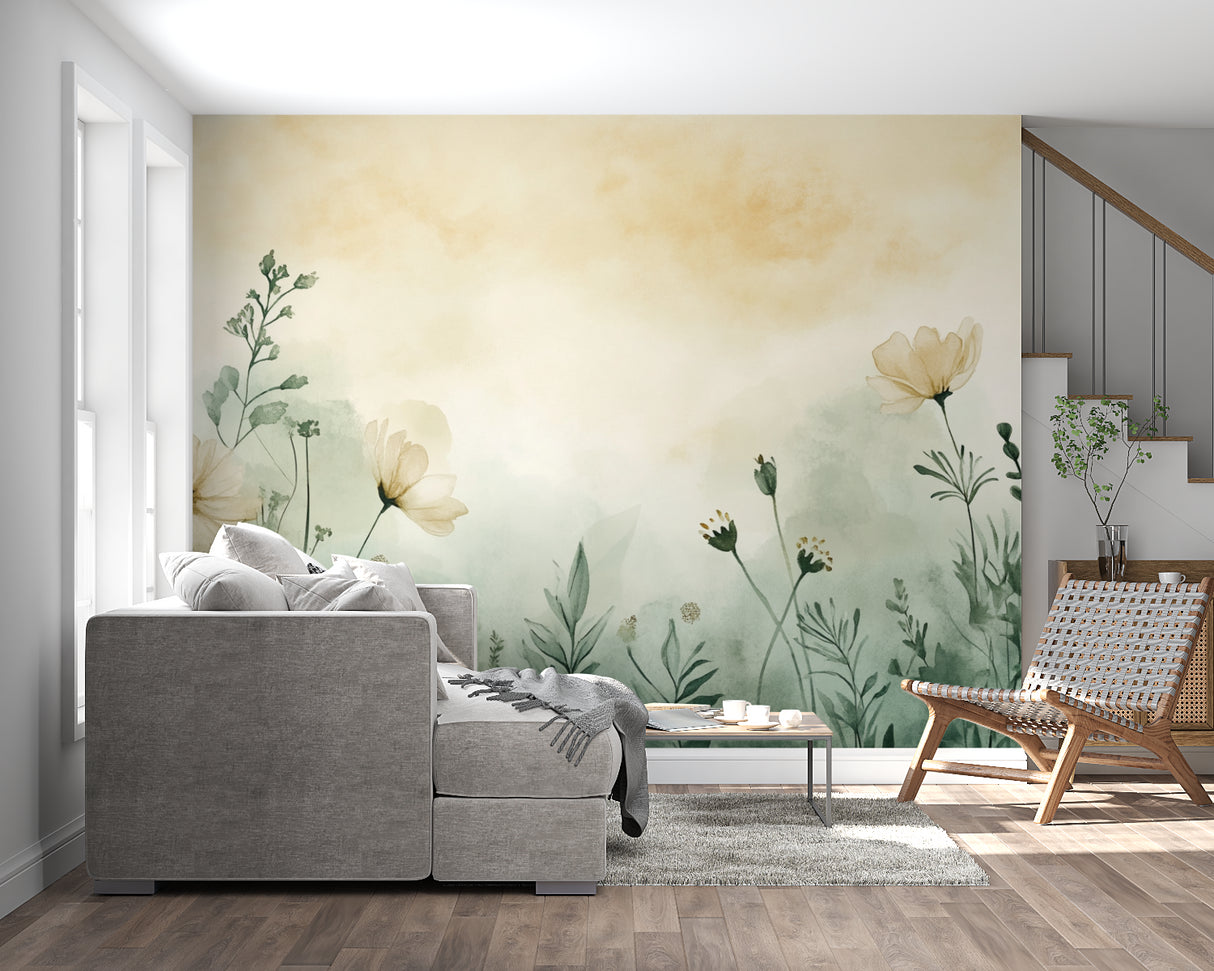Watercolor garden mural creating a calm atmosphere in a home office space