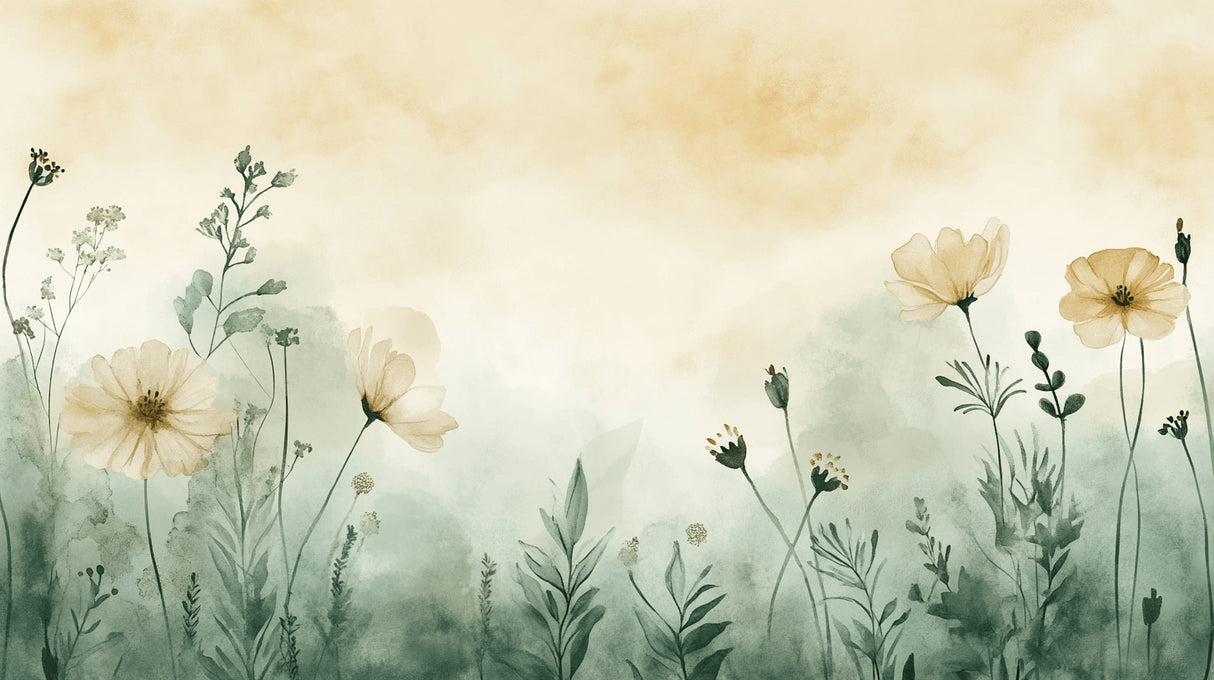 Watercolor botanical garden wallpaper design file showing delicate cream blooms and sage-green foliage pattern