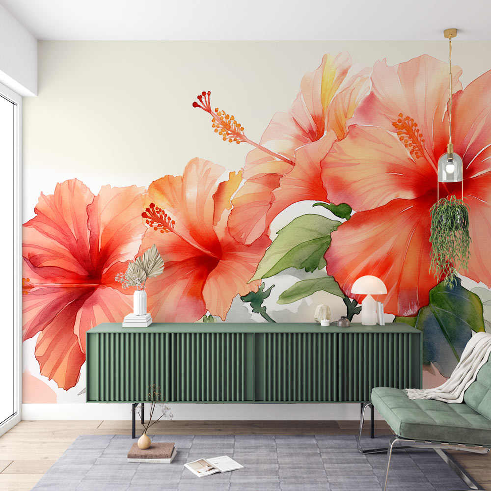 Coral Hibiscus floral wallpaper mural in bright modern living room, showing large-scale watercolor flowers on white wall