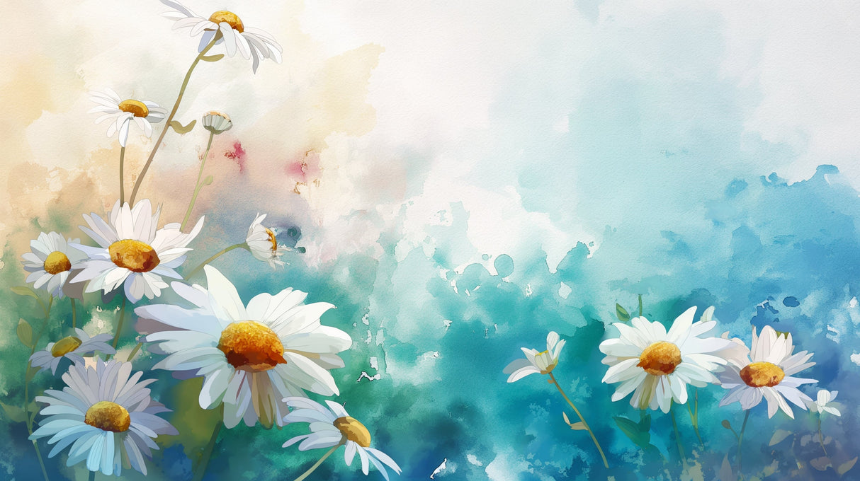 Watercolor Daisy Wallpaper creating a bright, airy atmosphere in a modern living room with white furniture