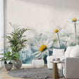 Watercolor Daisy Field Mural Wallpaper creating a fresh spring atmosphere in a bright modern living room