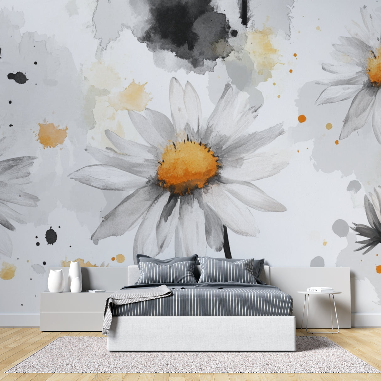 Grey floral wall mural featuring daisies in cozy bedroom setting