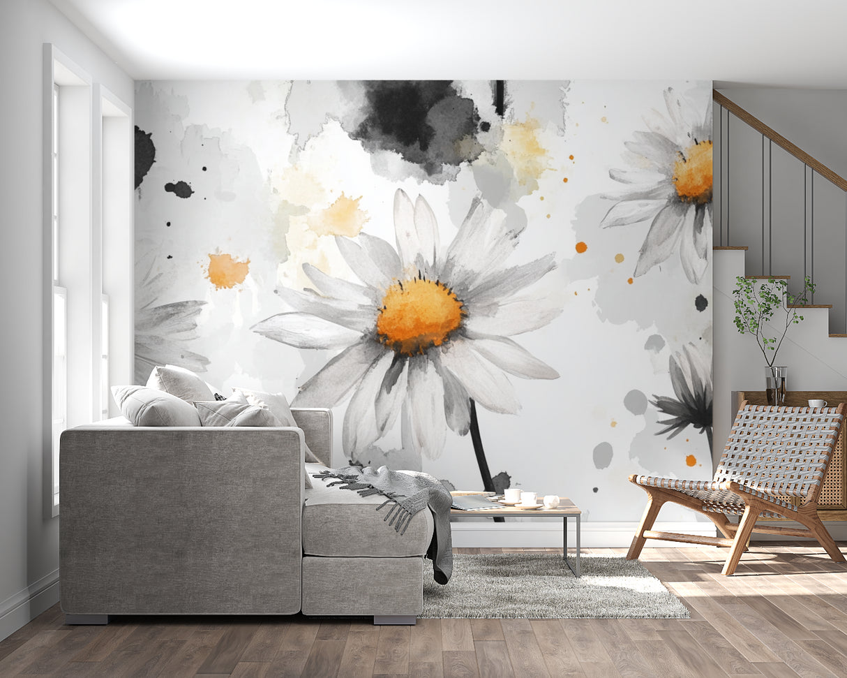 Daisy watercolor wallpaper in home office with natural lighting