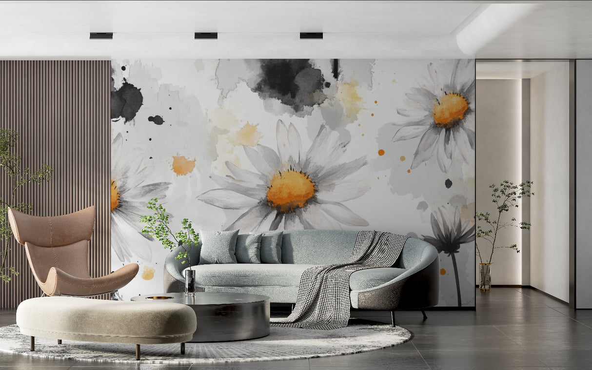 Modern dining room with grey and white daisy wall mural