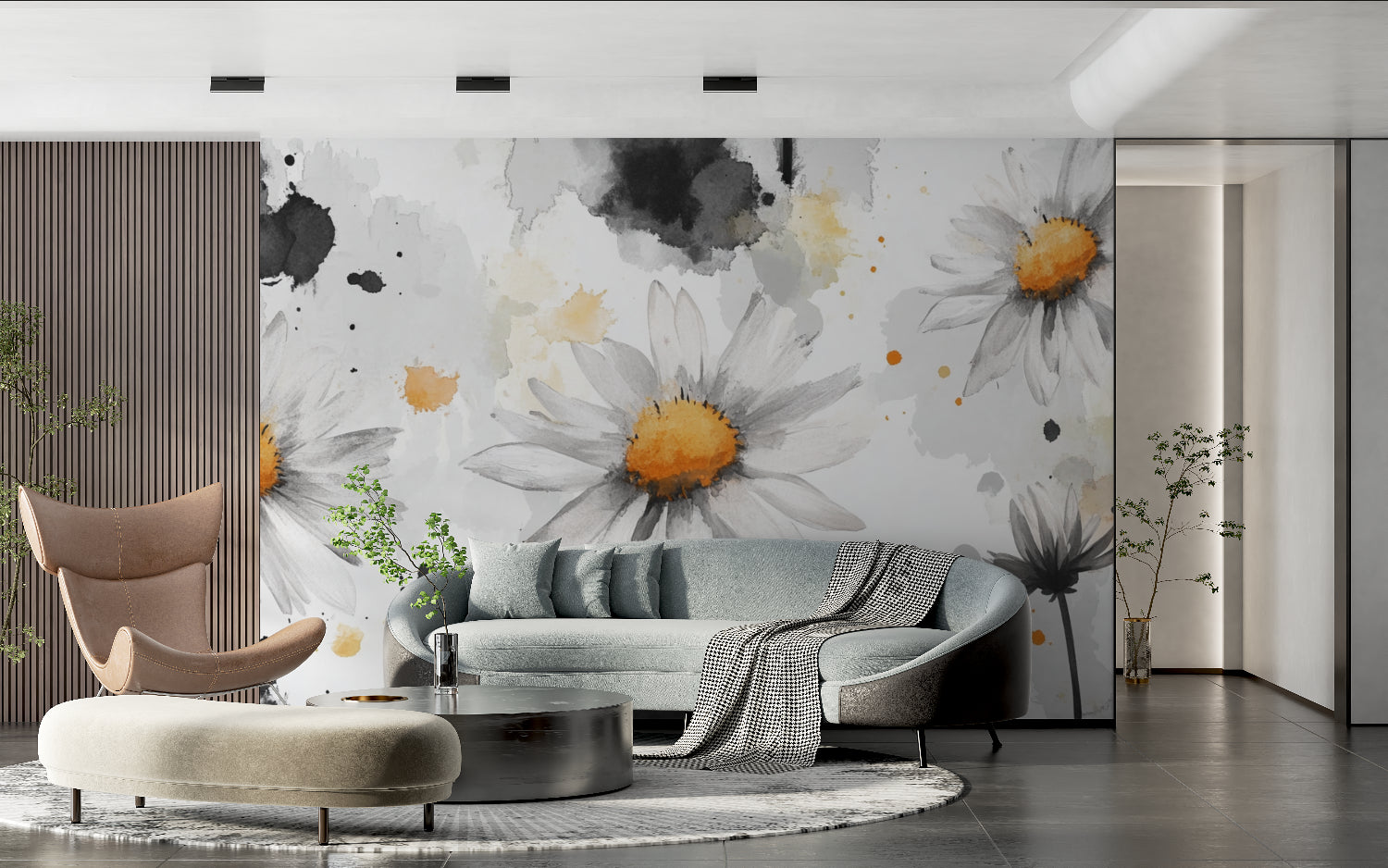 Modern dining room with grey and white daisy wall mural
