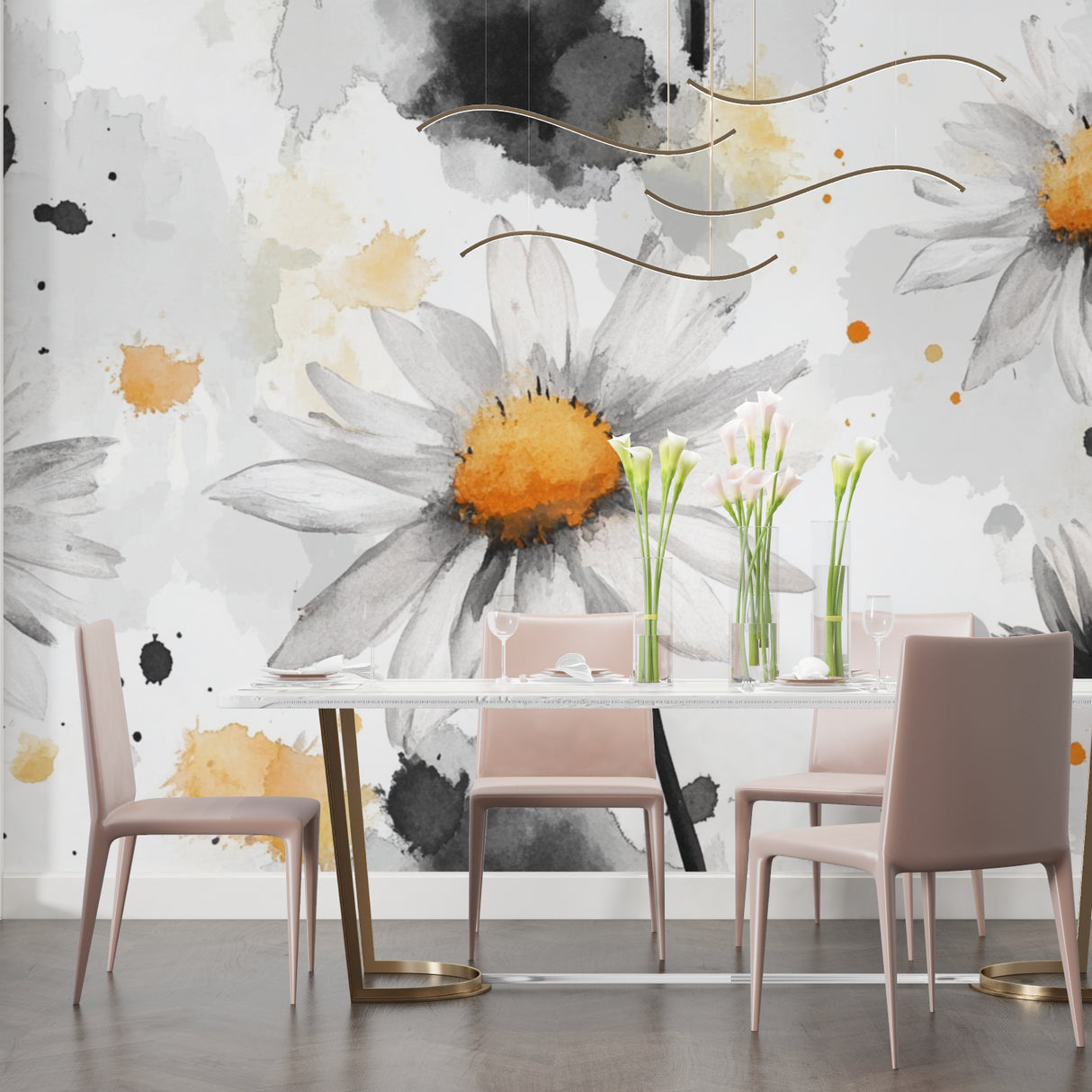 Floral watercolor mural in contemporary hallway space