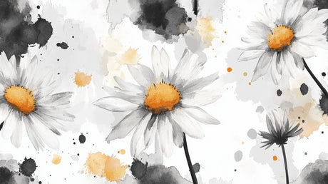 Watercolor daisy wallpaper design file showing detailed flower pattern and grey splash effects