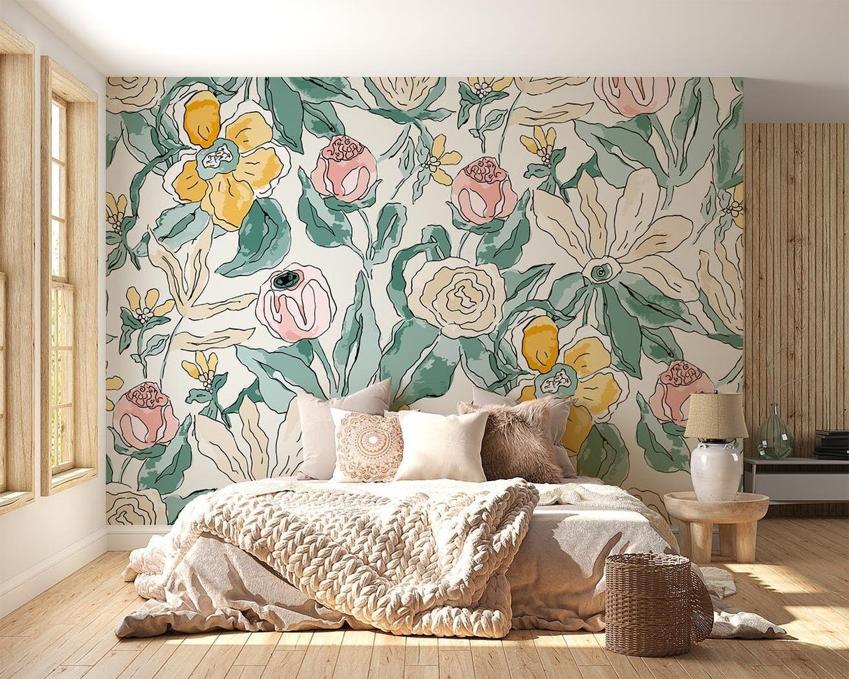 Floral wall mural with pink roses in bright modern living room showing scale and impact of watercolor design