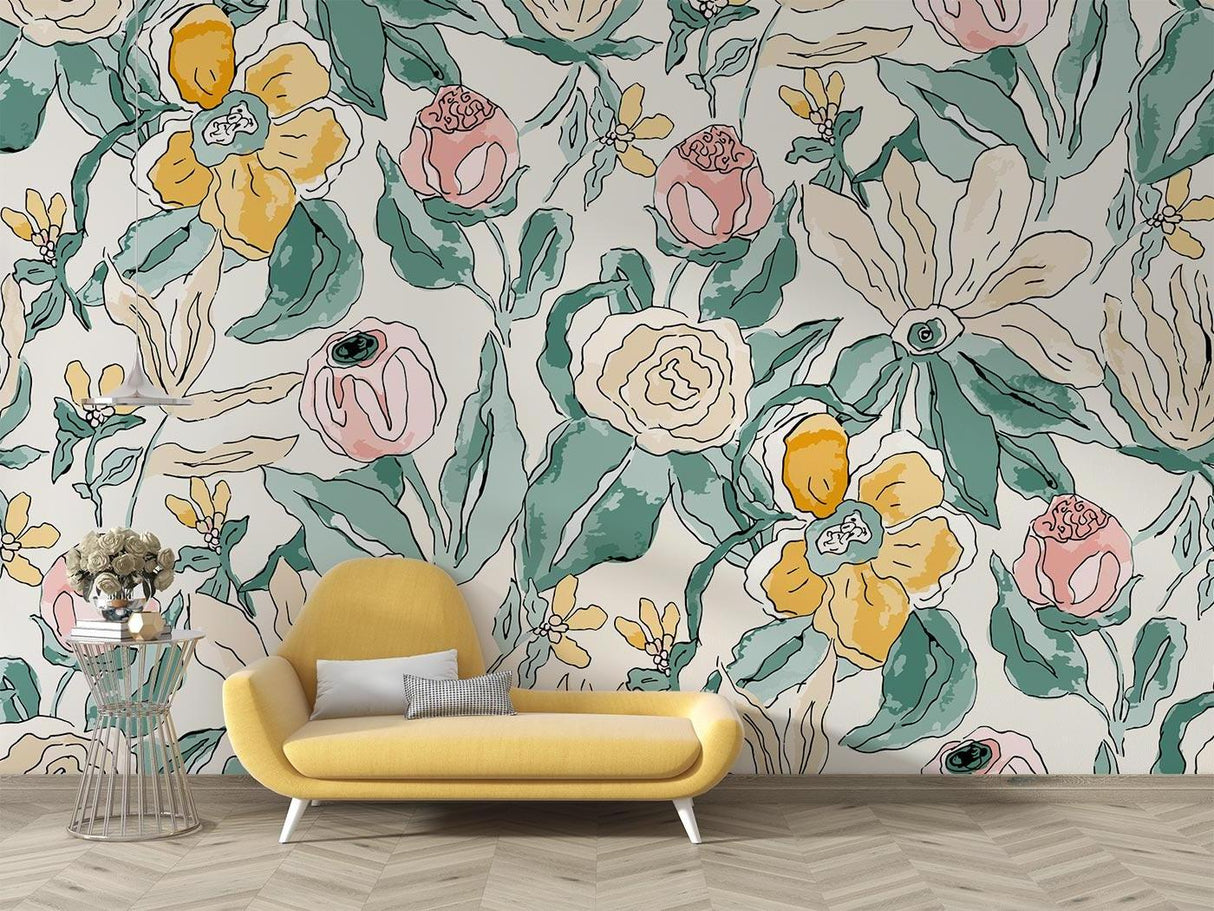 Pink and yellow flower wallpaper in master bedroom creating soft, romantic atmosphere