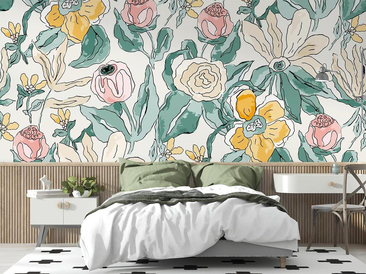 Watercolor floral mural in dining room with natural lighting showing true colors of roses and blooms