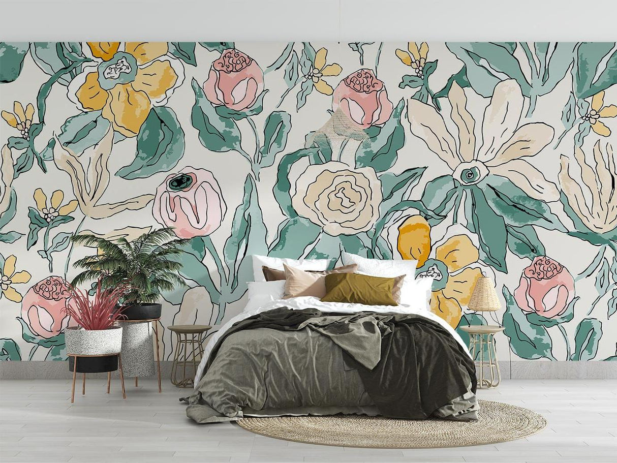 Garden flower wallpaper in home office creating fresh, inspiring workspace environment