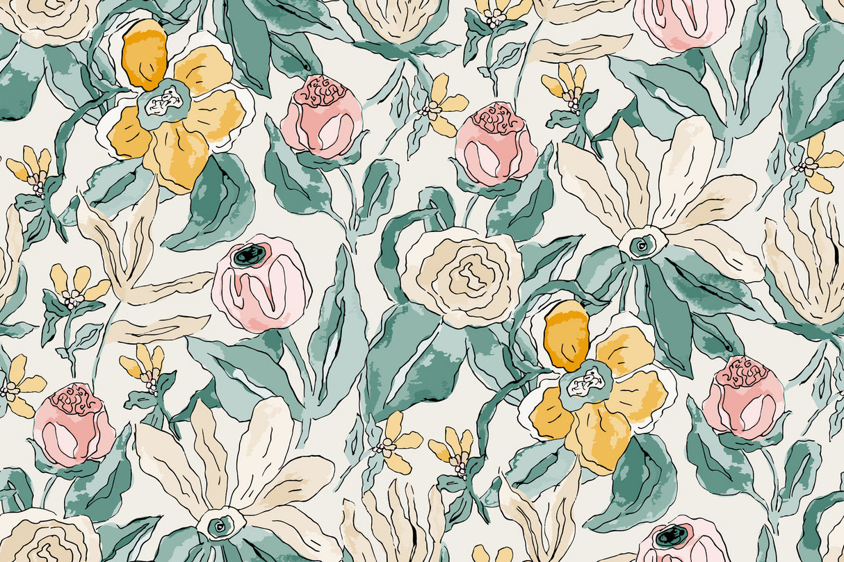 Watercolor garden design file showing detailed pink roses and yellow blooms pattern