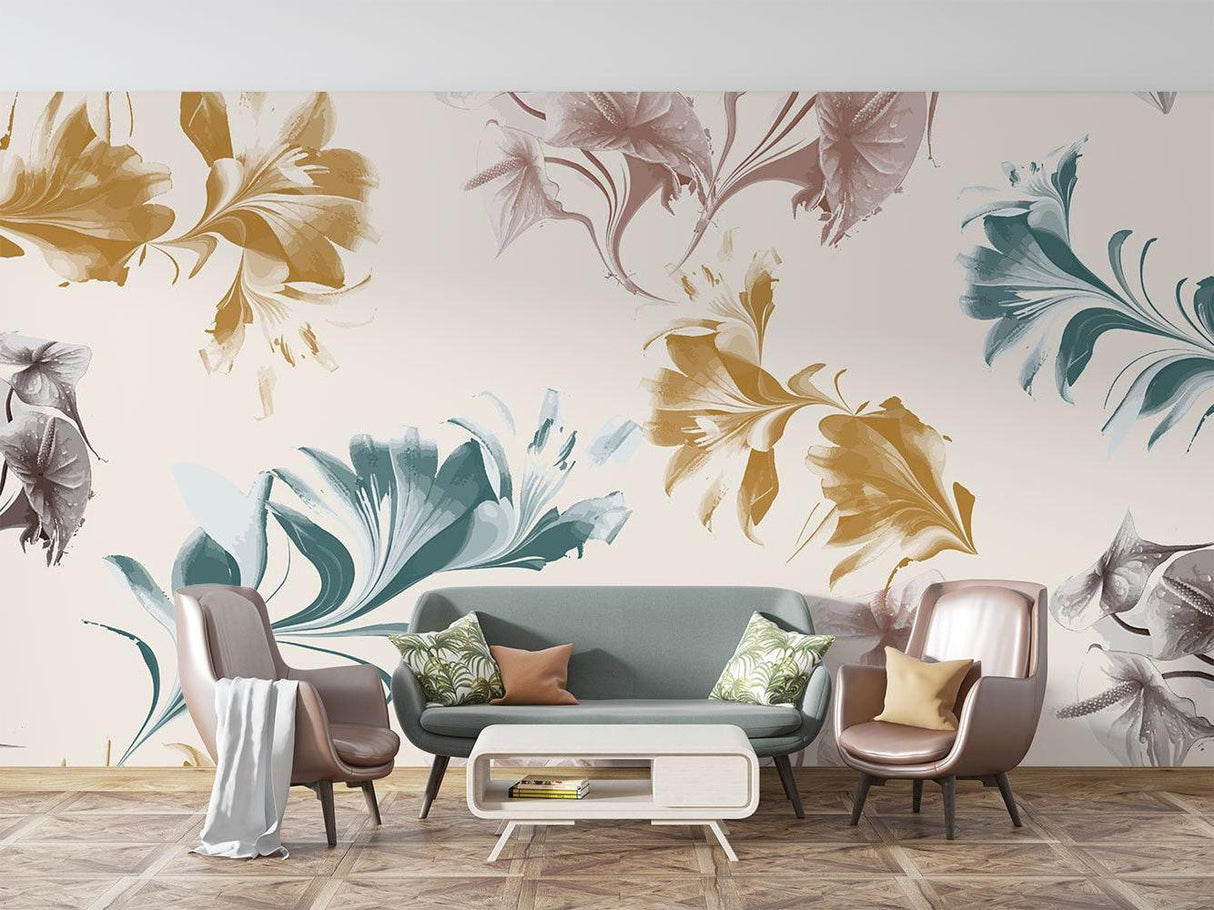 Gold and teal floral wallpaper mural in modern living room setting, highlighting the watercolor effect