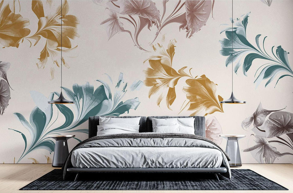 Watercolor floral mural styled in master bedroom, showing teal and gold blooms