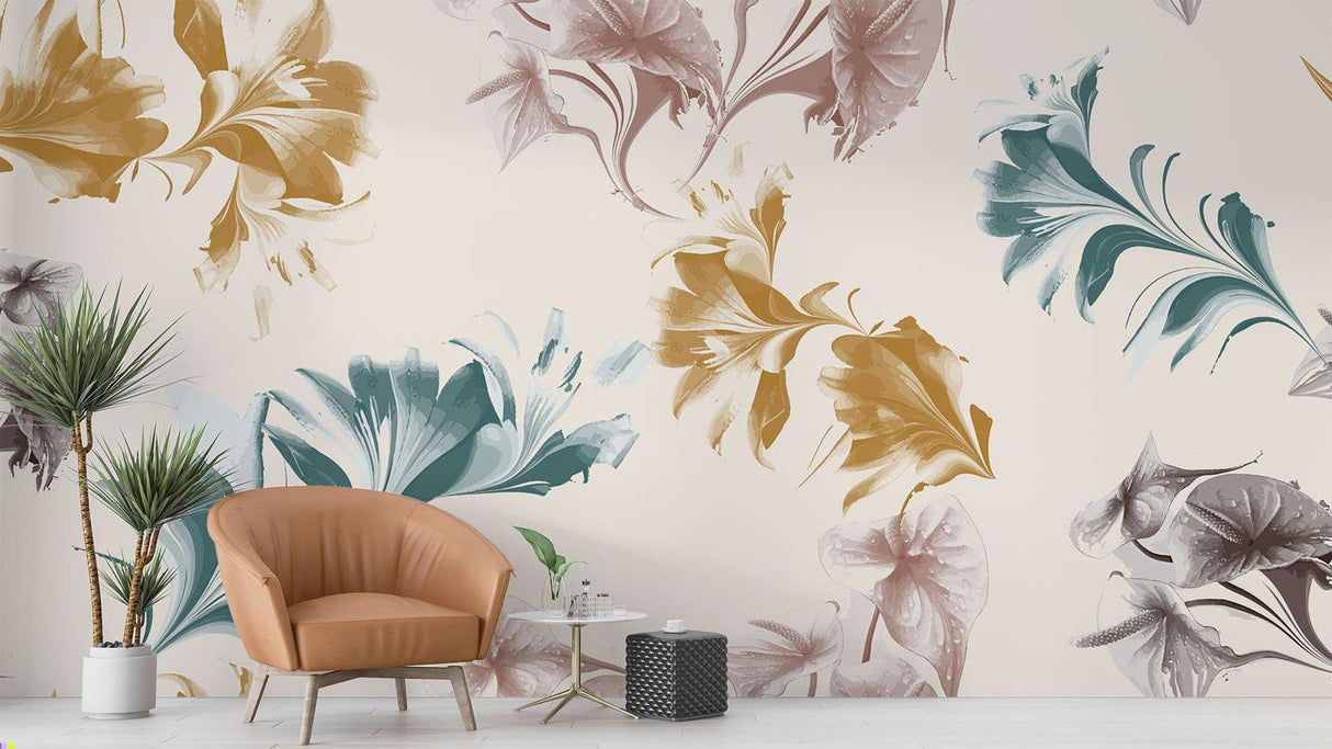 Artistic floral wallpaper in dining room with gold accents