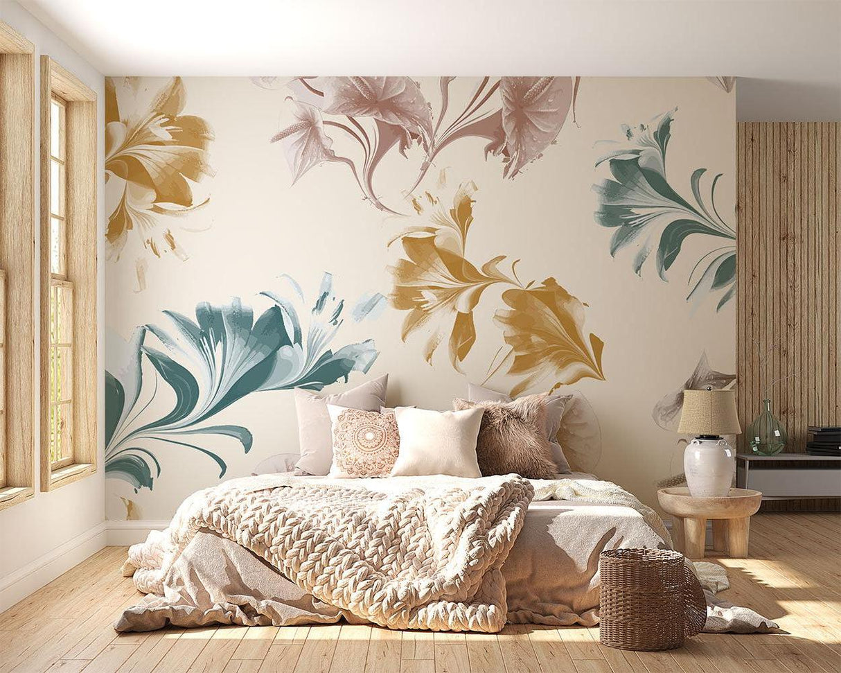 Modern home office featuring watercolor floral mural wall