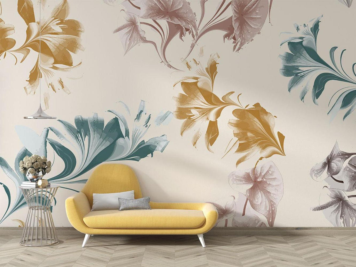 Hotel lobby showcase of gold and teal floral wallpaper
