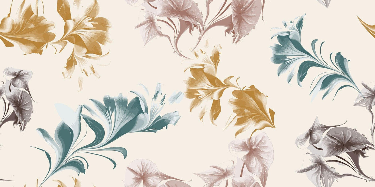 Watercolor floral wallpaper design file showing full pattern of gold and teal blooms