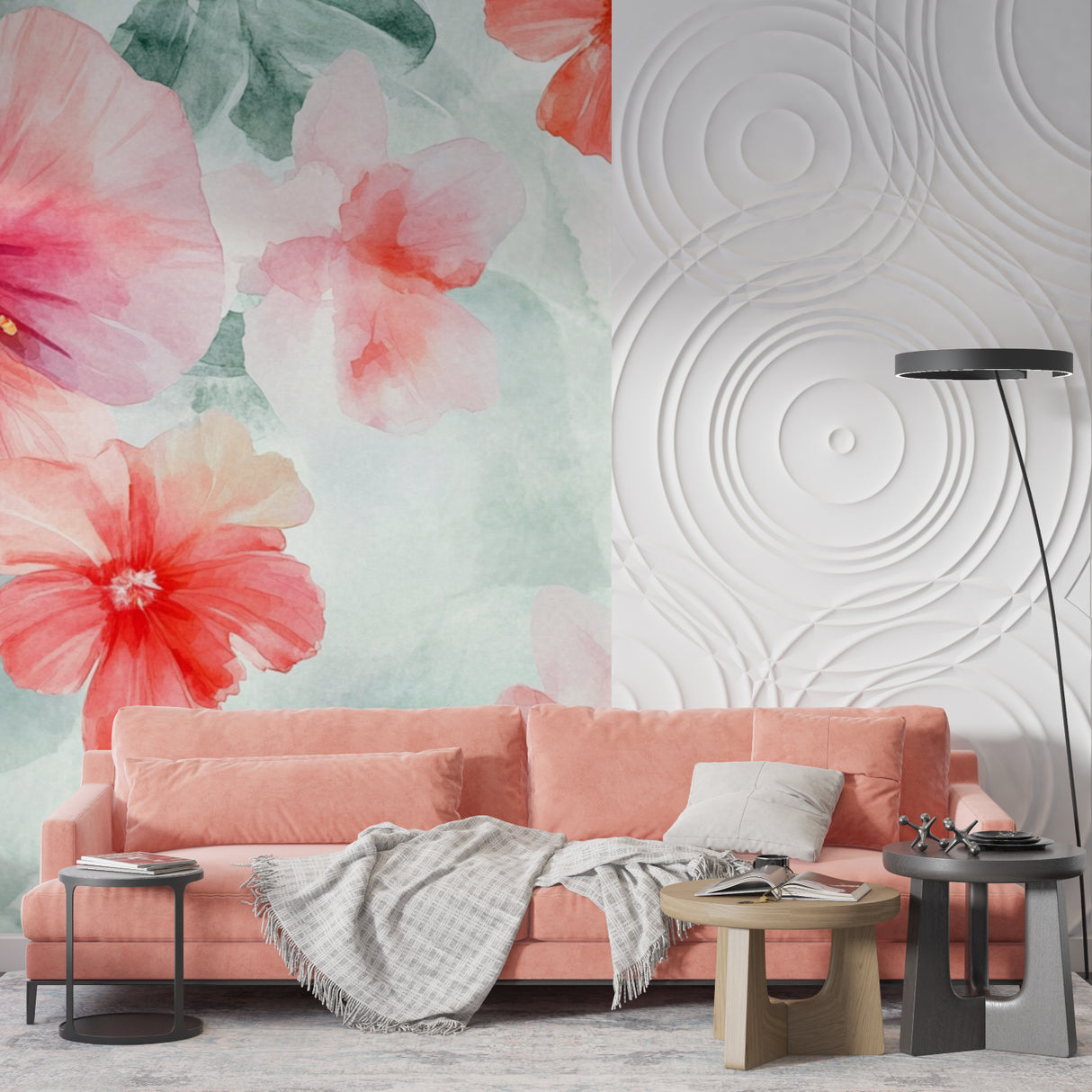 Pink Hibiscus floral wallpaper in a bright modern living room, creating a fresh spring atmosphere