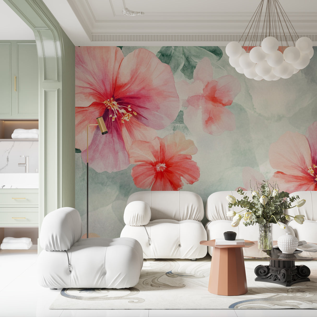 Watercolor Hibiscus wall mural bringing natural beauty to a master bedroom