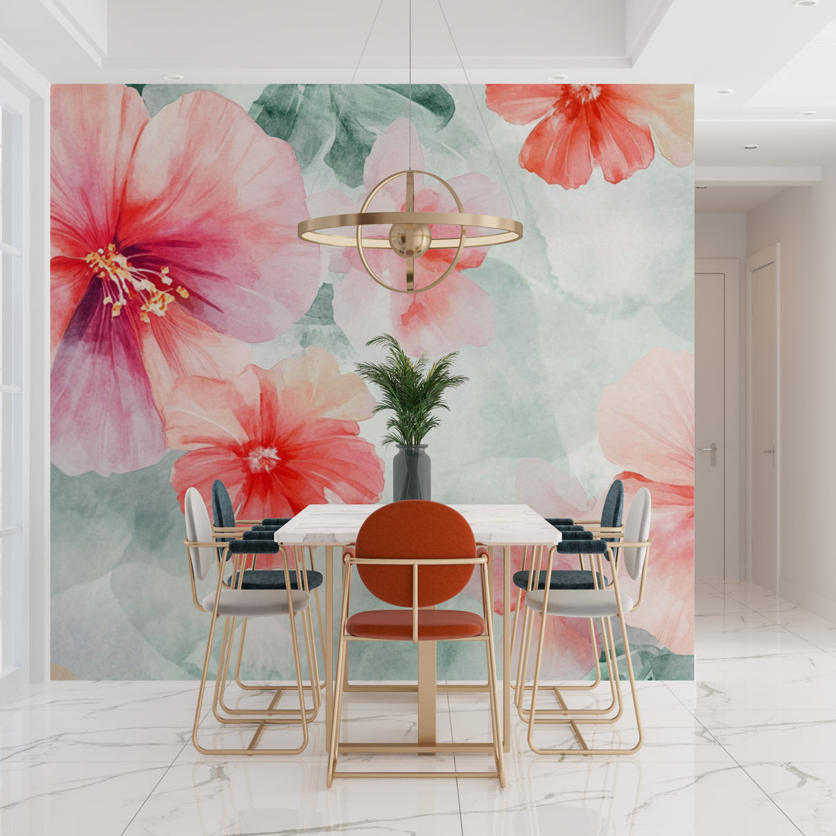 Botanical wallpaper with pink Hibiscus flowers in a cozy reading nook