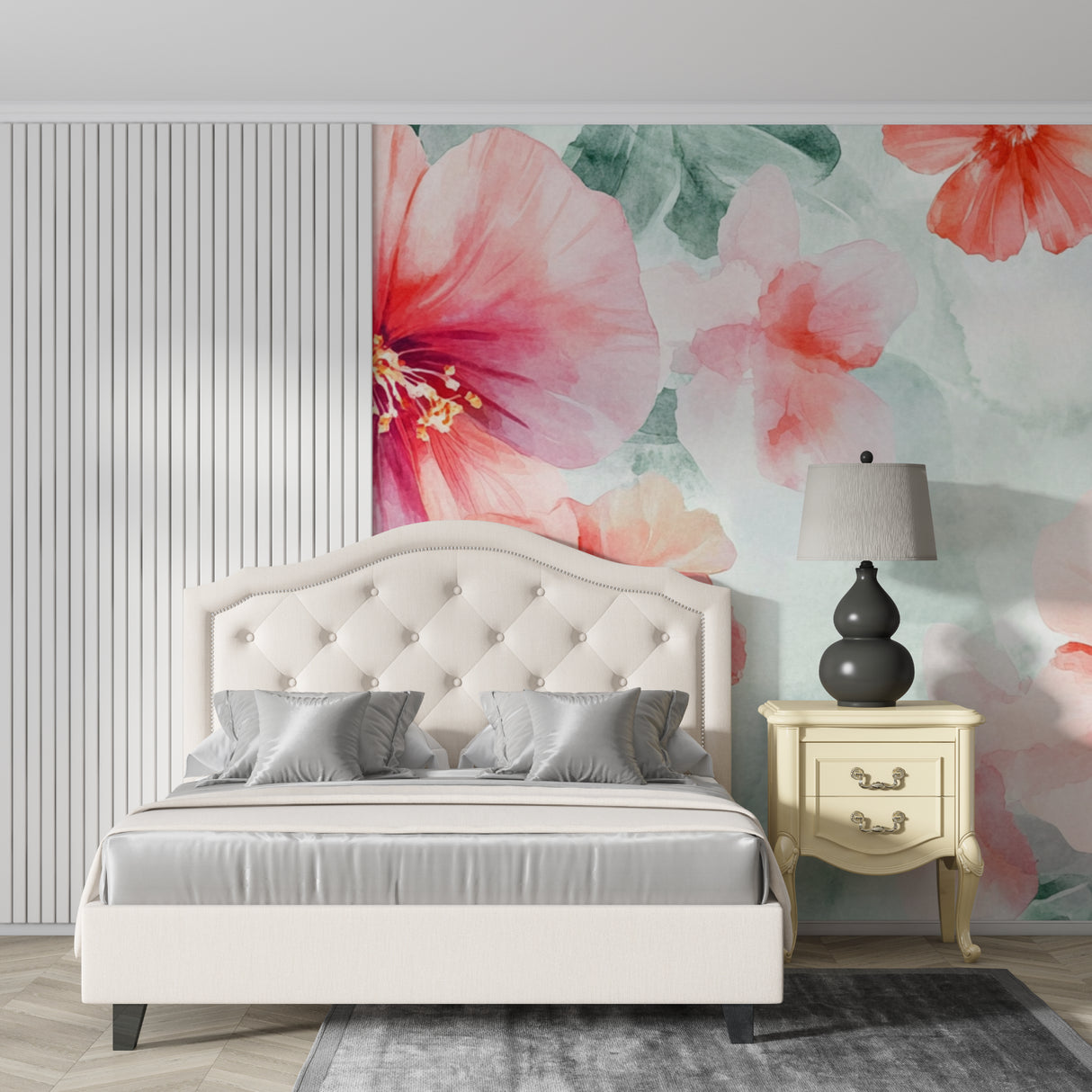 Floral wall mural showcased in a peaceful home office space
