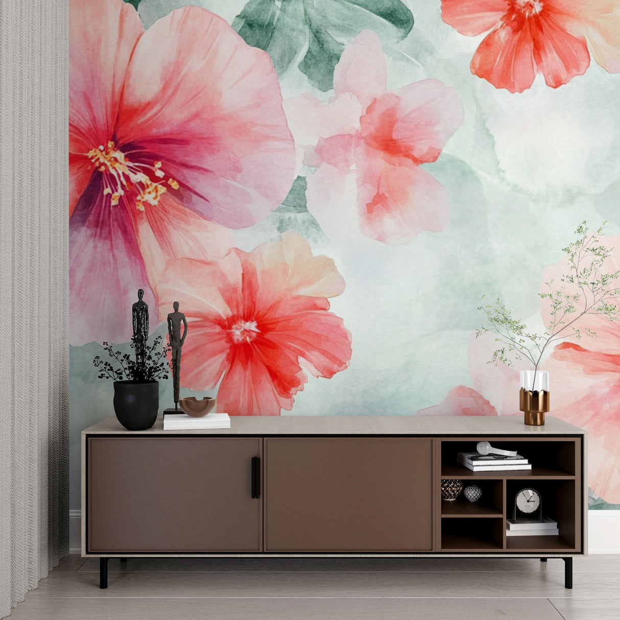 Pink and green Hibiscus wallpaper adding charm to a dining room