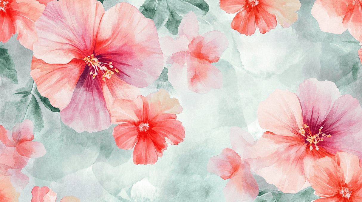 Watercolor Hibiscus design file showing detailed pink blooms on sage green background