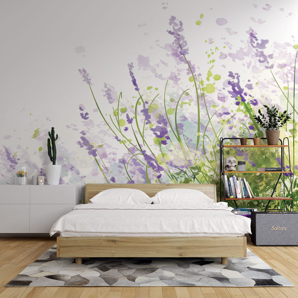 Watercolor floral wallpaper with lavender blooms creating a peaceful atmosphere in a bright modern living room