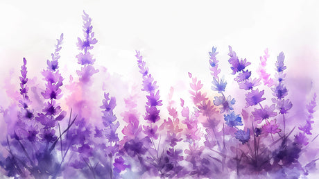Lavender field wallpaper mural creating a serene atmosphere in a bright modern bedroom with natural light