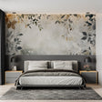 Watercolor leaf wallpaper creating a peaceful atmosphere in a modern living room with grey furniture