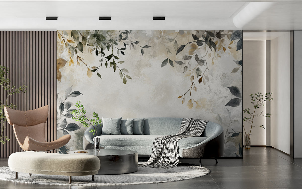 Botanical wall mural bringing nature indoors in a bright master bedroom