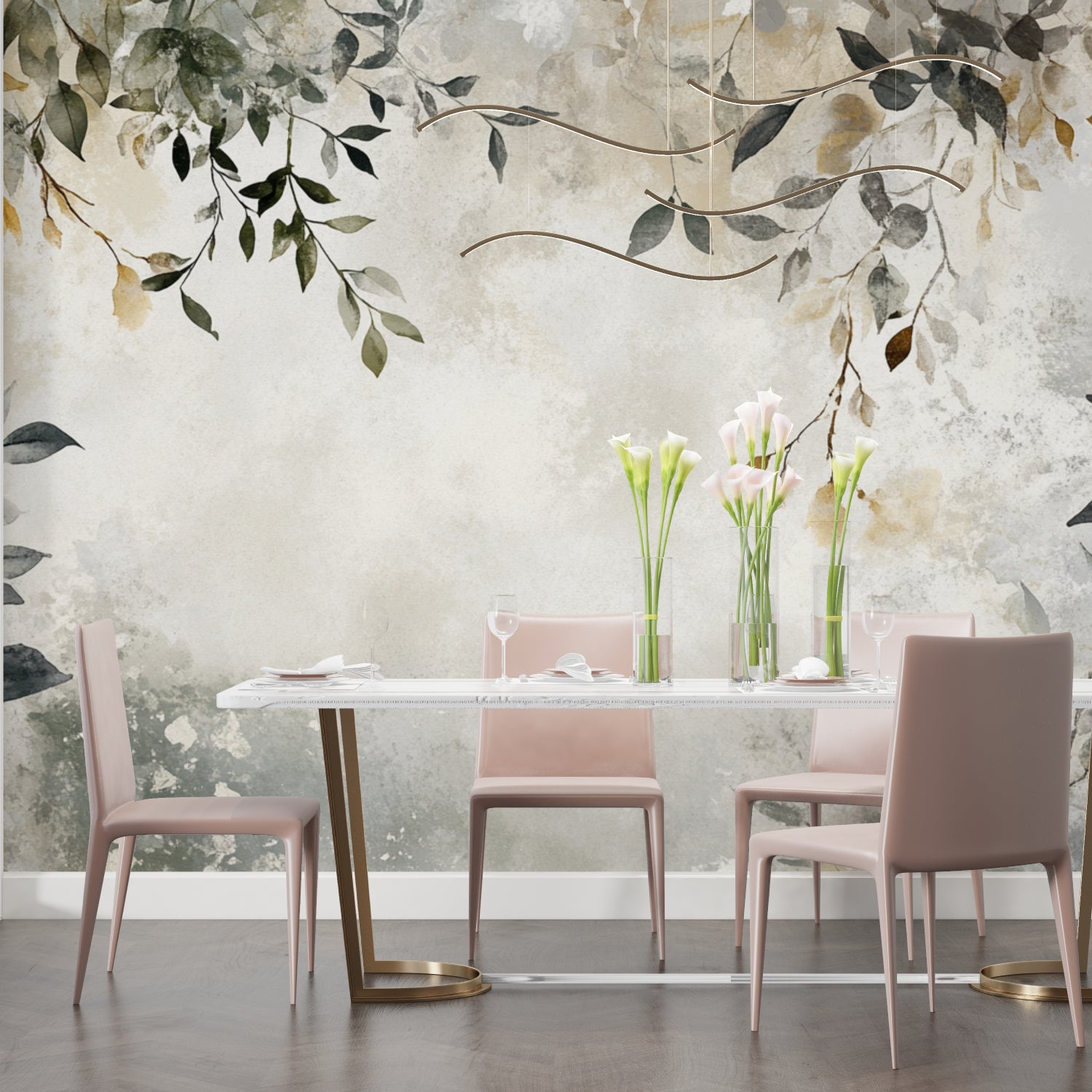 Watercolor leaves mural adding elegance to a home office space