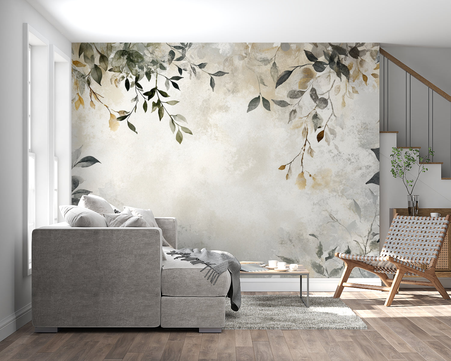 Beige and grey leaf wallpaper creating depth in an entrance hallway