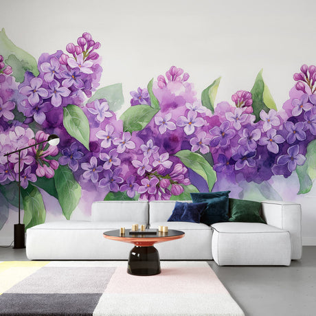 Watercolor Lilac Floral Wallpaper creating a fresh spring mood in a bright modern bedroom with natural light